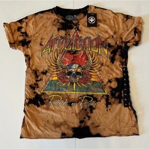 Affliction Skull Rock & Roll Tee Brown Bleach Wash Rhinestone Lace Up Women L